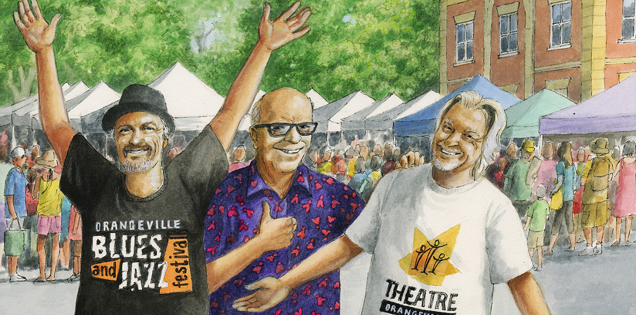 Drawing of three men at a farmer's market